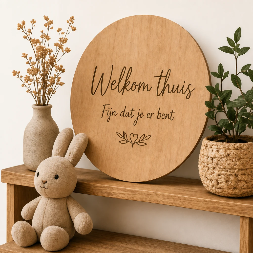 Rond houten bord met 'Welkom thuis' gravering, naast een vaas met droogbloemen, een knuffelkonijntje en een plant