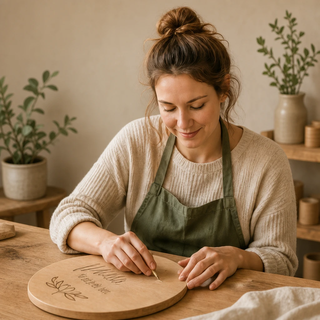 Olive aan het werk in haar atelier, graverend in een houten bord