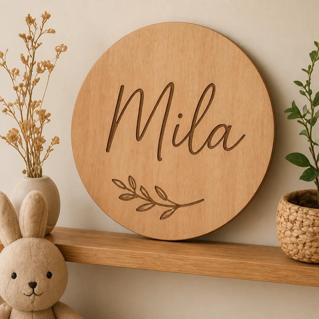 Houten bord gegraveerd met Mila op een plank met droogbloemen