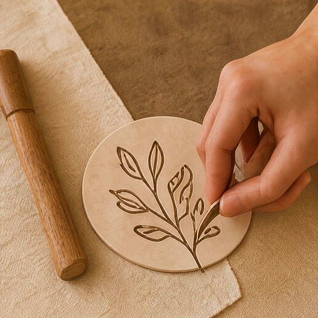 Hand die een houten ornament plaatst op linnen