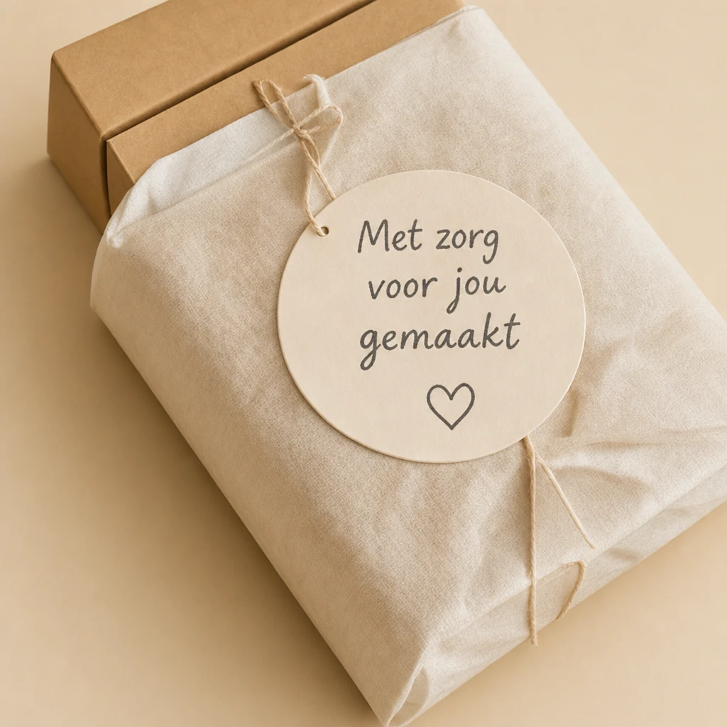 Cadeau verpakt in kraftpapier met een rond label