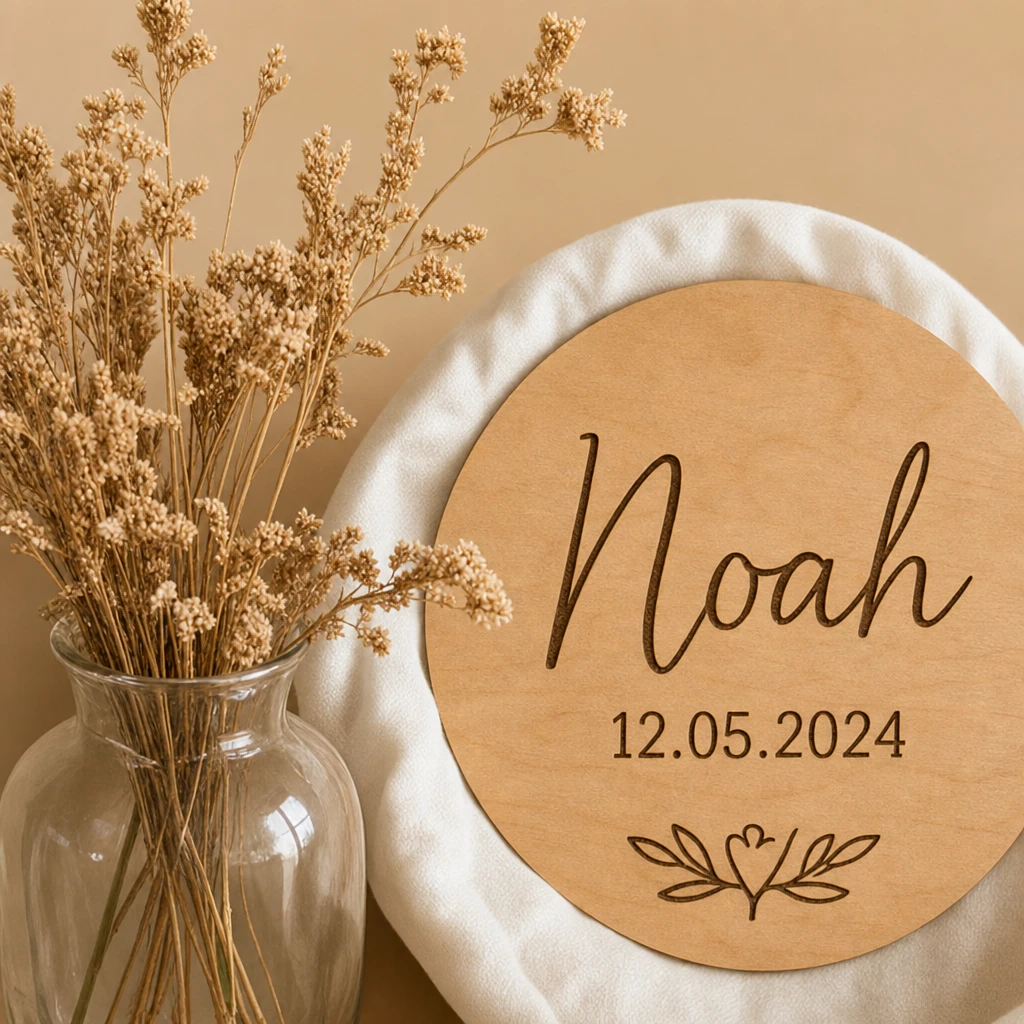 Houten bord gegraveerd met Noah 12.05.2024 naast een vaas