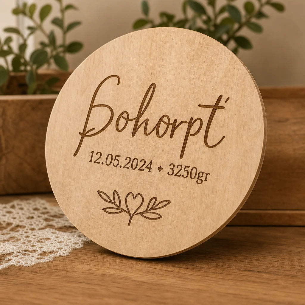 Rond houten geboortebord met naam en geboortedatum