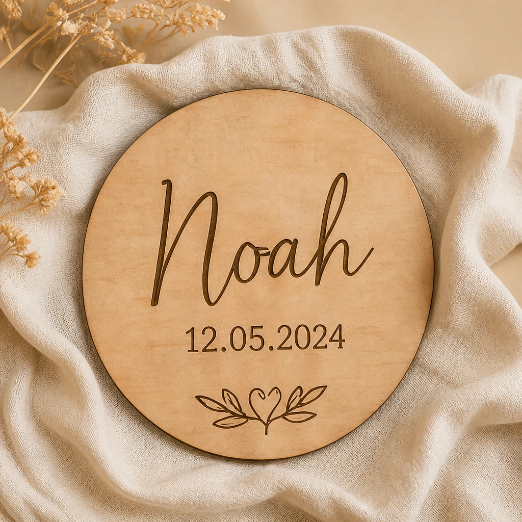 Rond houten naambord gegraveerd met 'Noah 12.05.2024'