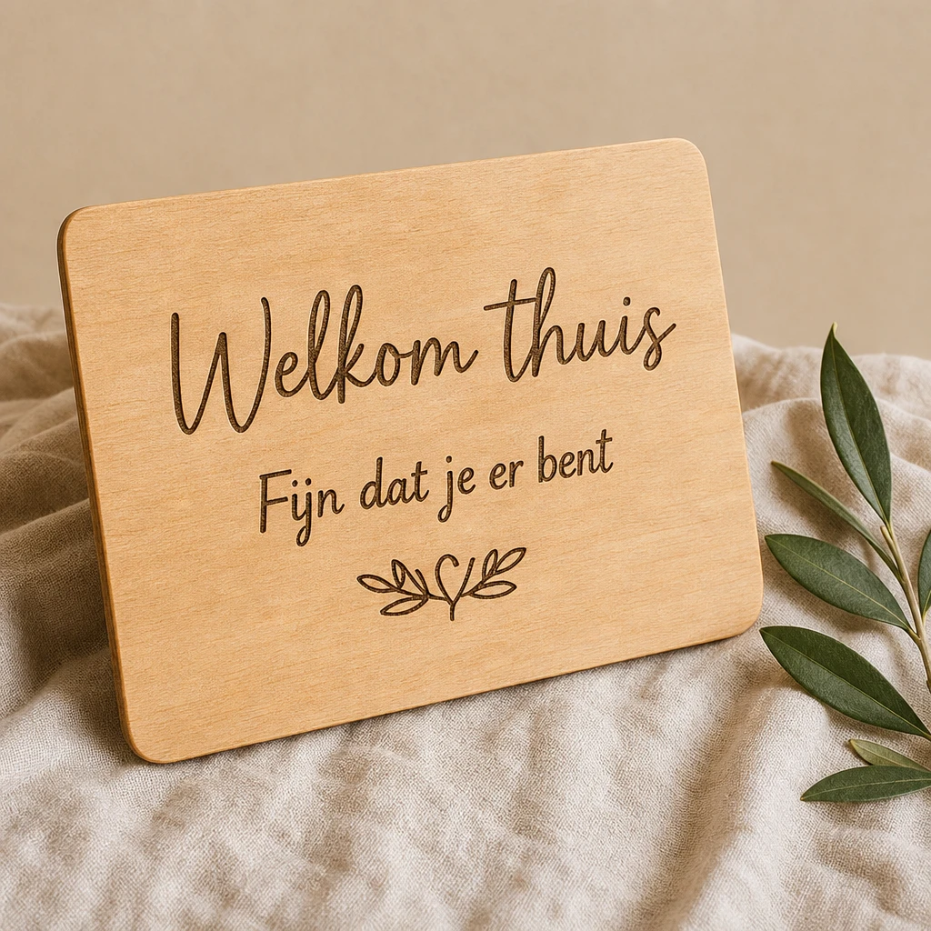 Rechthoekig houten welkomstbord met 'Welkom thuis'